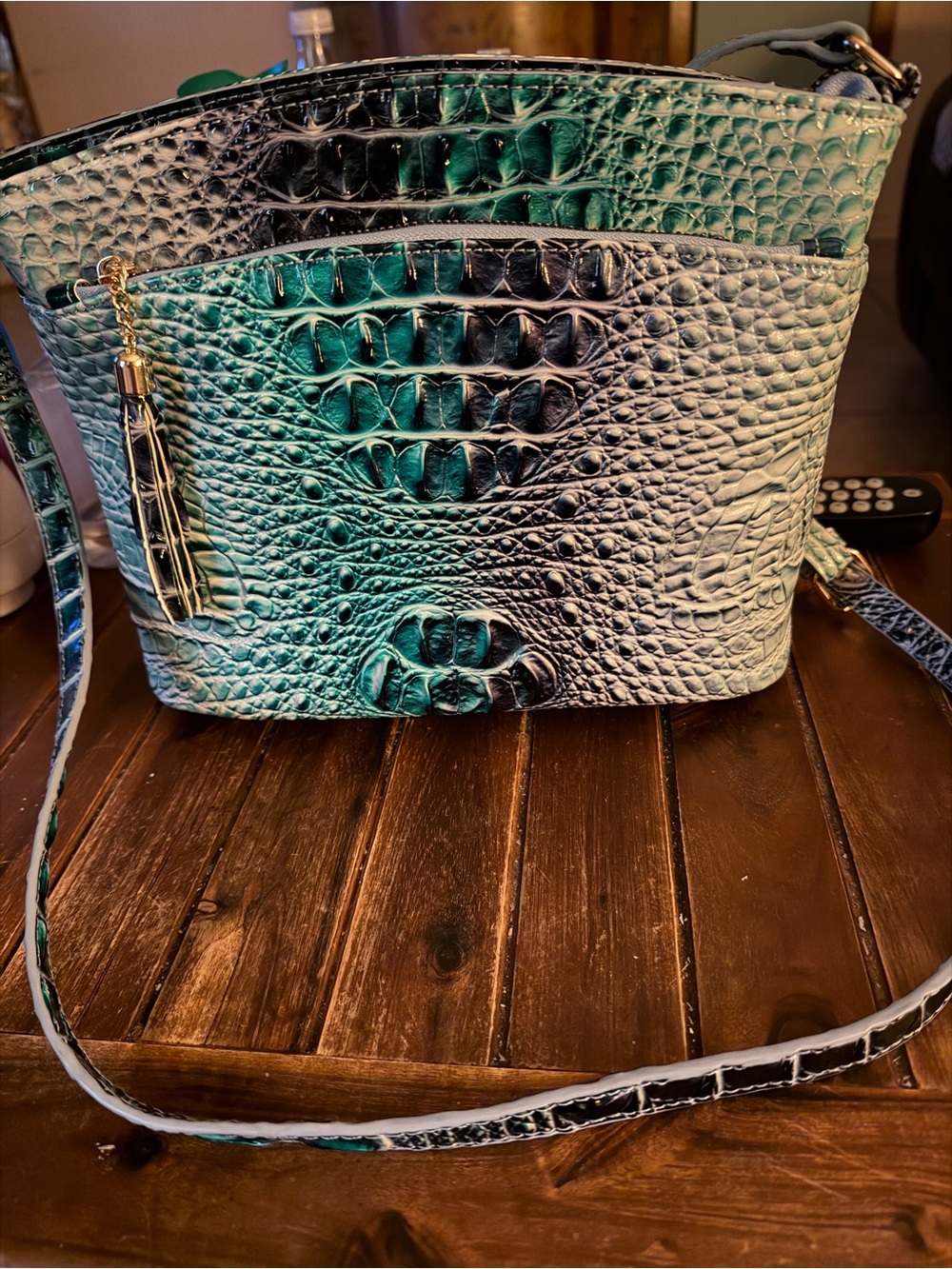 Teal Croc-Embossed Shoulder Bag with Gold Hardware .Unknown Brand